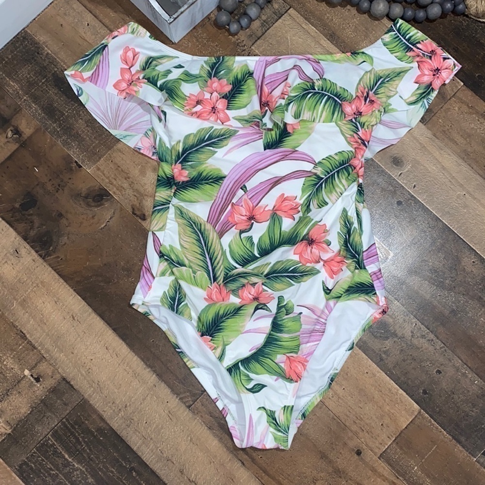 Kona Sol swimsuit‎ Off Shoulder Flounce High Coverage One Piece Tropical - Picture 2 of 9